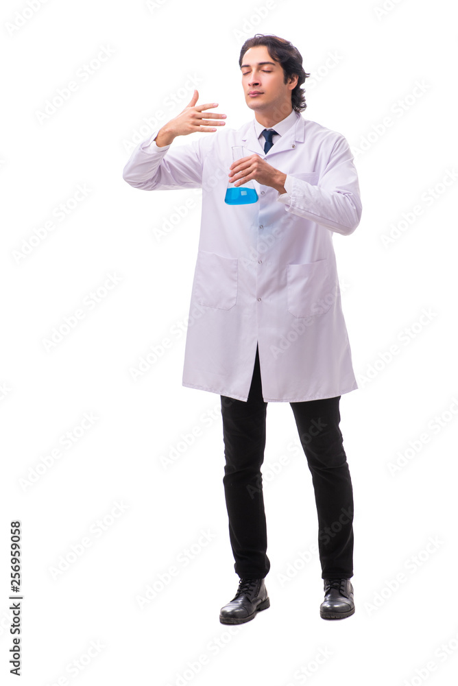 Young chemist isolated on white background