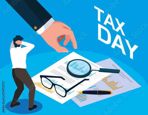 businessman in tax day with statistic document and icons