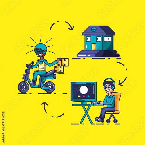 delivery service worker with computer and icons