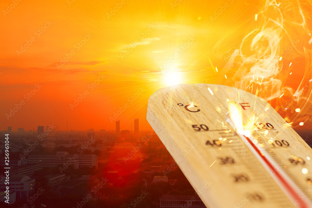 summer hot weather season high temperature thermometer with city view. - obrazy, fototapety, plakaty 