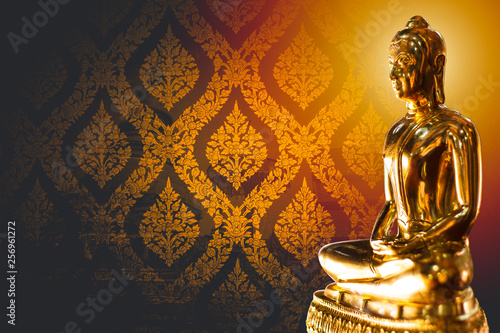 Wall Mural Thai asian golden buddha with Thai vintage pattern temple arts background beautiful with space for text