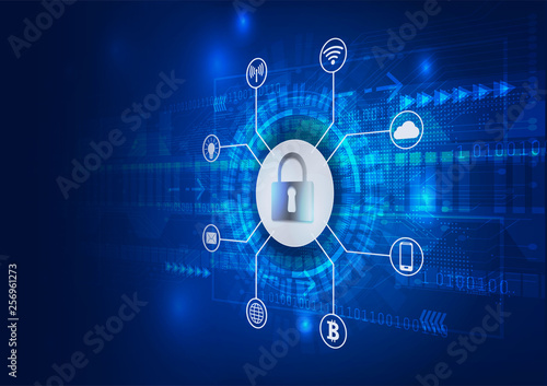 Safety Concept. Closed Padlock on Digital. Cyber Security. Blue Abstract Hi Speed Internet Technology Vector Background Illustration.