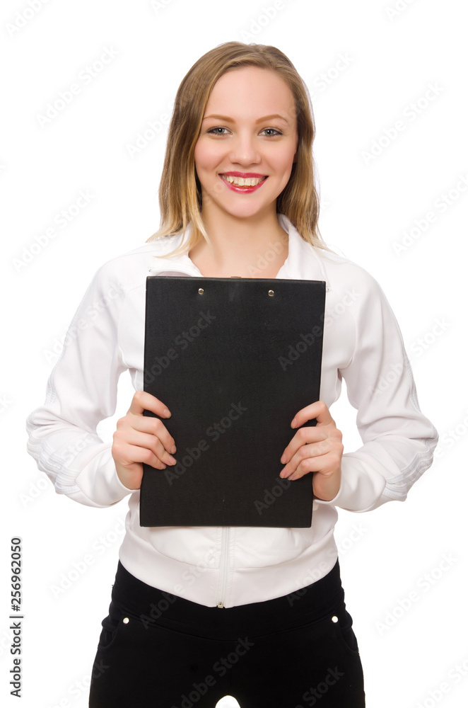 Woman wearing sports costume isolated on white Woman wearing sports costume isolated on white