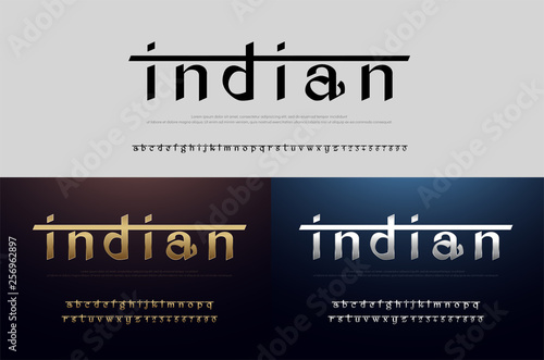 India alphabet font silver and gold. Modern traditional indian typography golden fonts and number. vector illustration