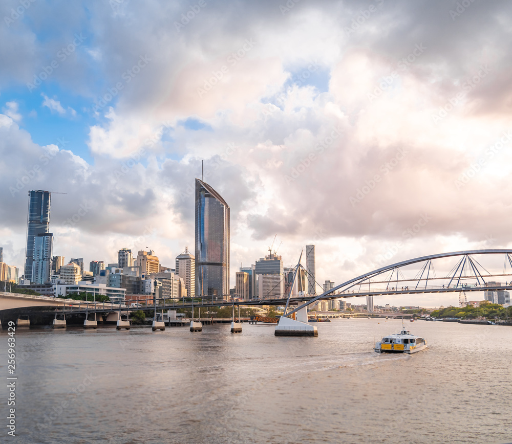 View over the CBD of Brisbane and city skyline. Beautiful sunset panorama over the city and river. Brisbane, Queenlsland. Southbank