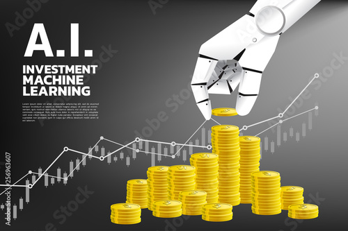close up hand of robot with coin and stack of golden coin. Concept of a.i. investment and machine learning for business