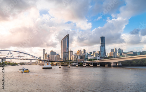 View over the CBD of Brisbane and city skyline. Beautiful sunset panorama over the city and river. Brisbane  Queenlsland. Southbank