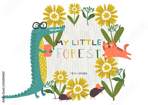 Cute Animals Crocodile and Tiger happy in Garden pattern. Vector illustration.