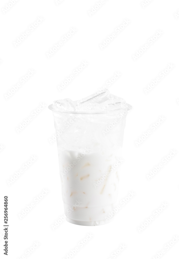 sweet milk in plastic cup with ice isolated on white background sweet milk in plastic cup with ice isolated on white background
