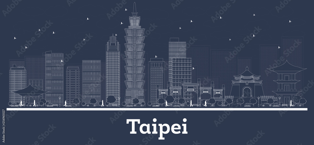 Outline Taipei Taiwan Republic City Skyline with White Buildings.