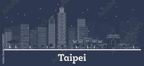 Outline Taipei Taiwan Republic City Skyline with White Buildings.
