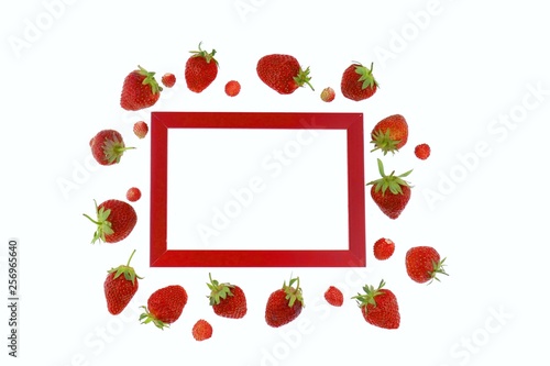 Strawberry berry. Strawberry frame. Red rectangular frame and ripe strawberry berries isolated on white background.The strawberry season.Berry time. copy space