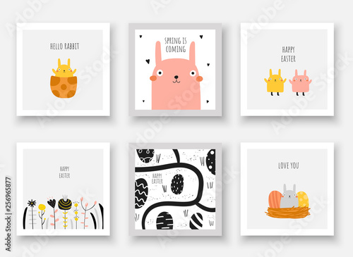 Cute doodle easter cards, postcards, tags, posters with eggs, rabbits, new born bunny, flowers, nest, road.