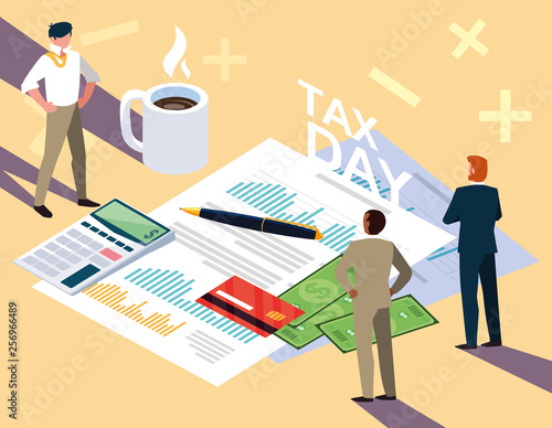 businessmen in tax day with statistic document and icons