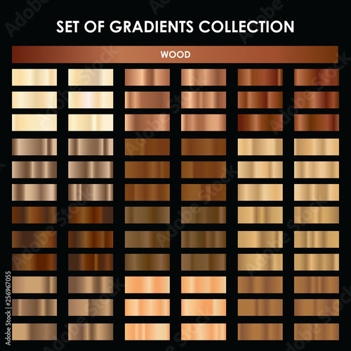 Set of wood gradient. Mega collection of brown gradient illustrations for backgrounds, cover, frame, ribbon, banner, coin, label, flyer, ring.