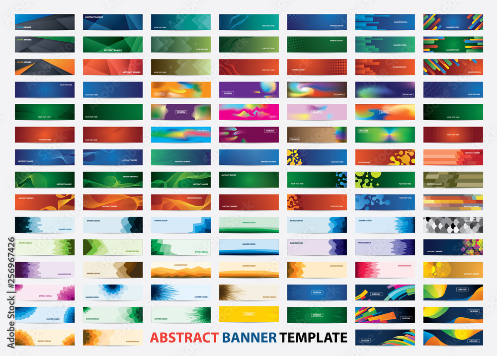 Mega collection of 105 colorful banner template. Abstract web banner design. Header, landing page web design elements.