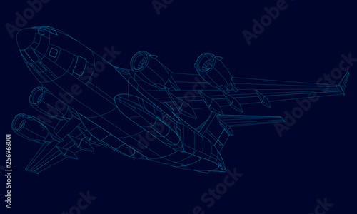 Contour of the plane of the blue lines on a dark background. Bottom view. 3D. Vector illustration