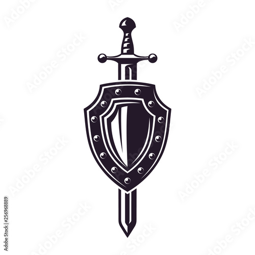 Monochrome vintage icon, crossed swords and knight shield. Simple shape for design logo, emblem, symbol, sign, badge, label, stamp. Hand drawn vector illustration, isolated on white background.