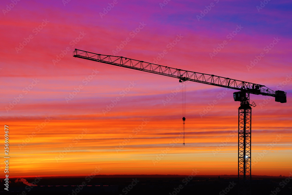 The silhouette of crane on the background of beautiful scarlet sunrise or sunset with cloudy sky colored in red, rose, scarlet, purple and blue vivid colores 