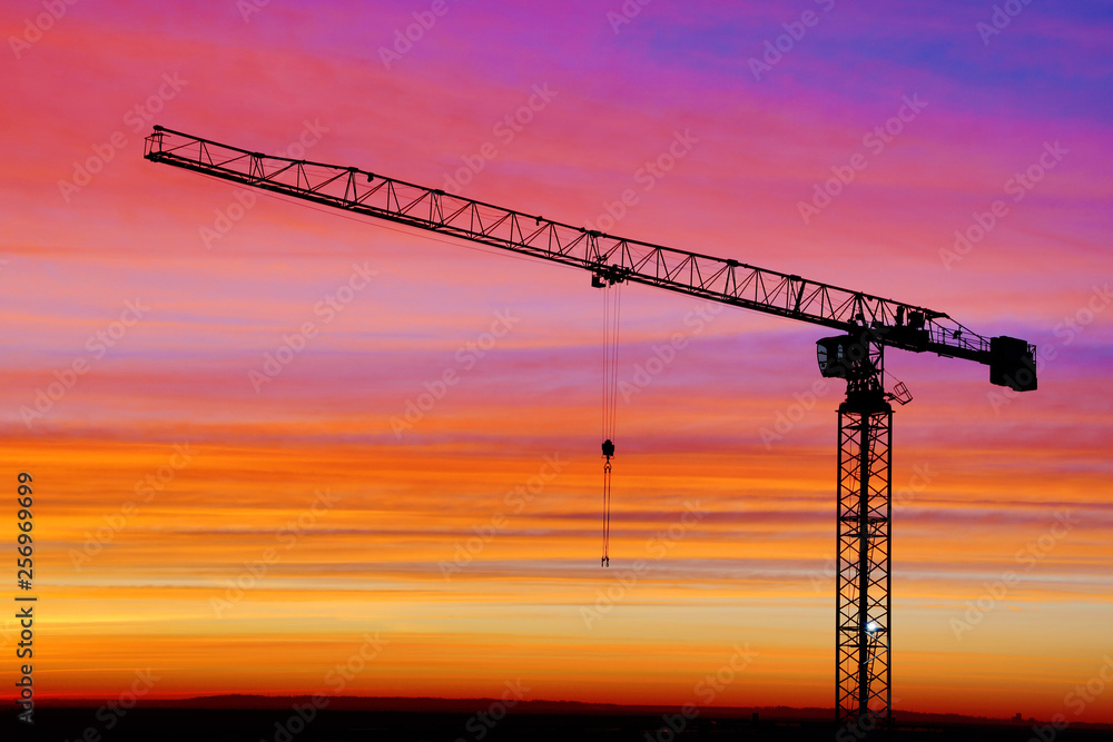 The silhouette of crane on the background of beautiful scarlet sunrise or sunset with cloudy sky colored in red, rose, scarlet, purple and blue vivid colores 