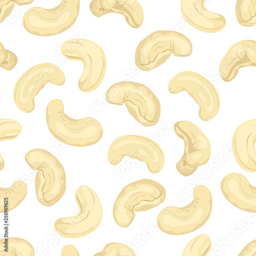 Cashew seamless pattern on white background. Vector illustration of nuts in cartoon simple flat style.