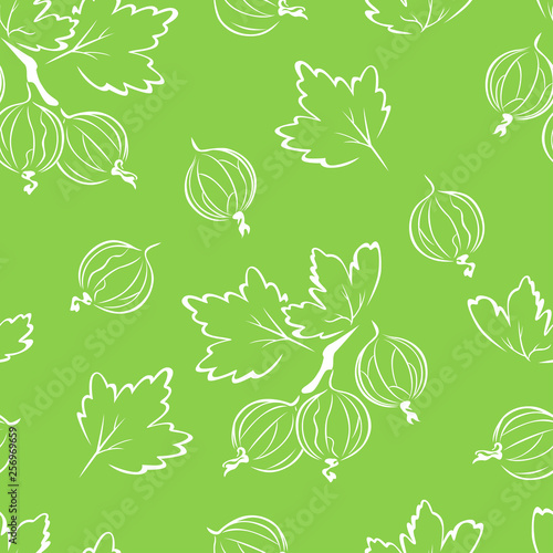 Fototapeta Naklejka Na Ścianę i Meble -  Gooseberry seamless pattern on green background. Vector simple illustration with berries and leaves.