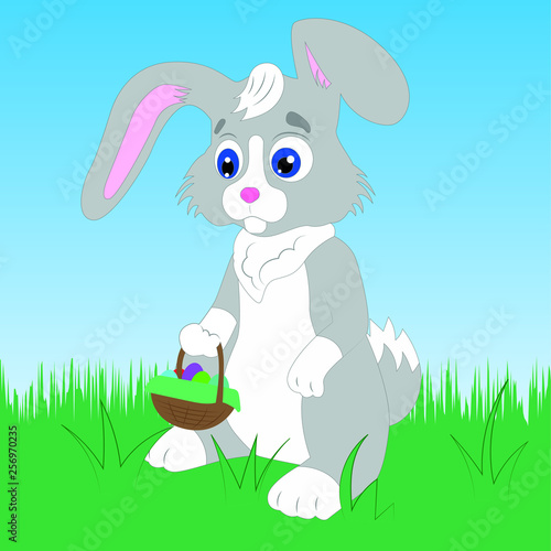 bunny, easter, basket, background, cartoon, character, colorful, cute, drawing, happy, holding, illustration, rabbit, vector, white, card, animal, art, egg, funny, hare, graphic, clipart, hamper, cele