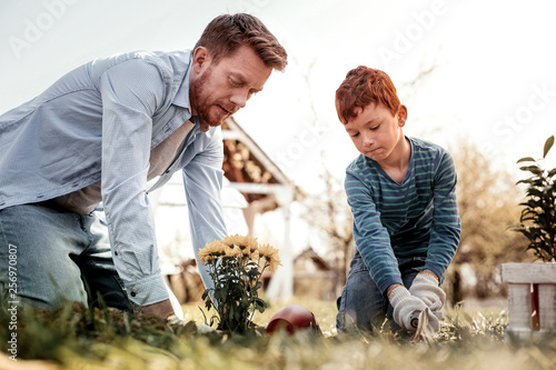 Serious stunning boy helping his father in gardening