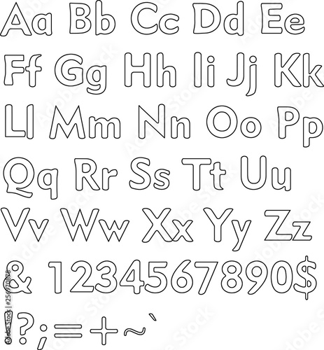 black font and alphabet. Abc, english letters and numbers. Drawn on the contour