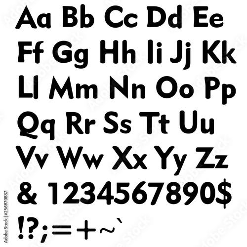 Vector black font and alphabet. Abc, english letters and numbers