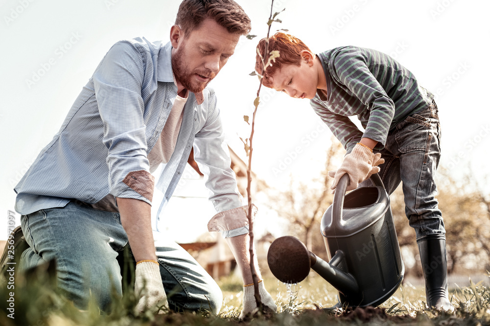 Severe small man watering tree from watering can