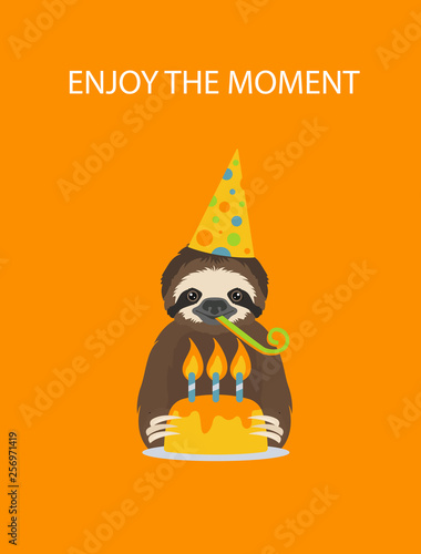 The story of one sloth. At the party with friends. Funny cartoon sloths in different postures set
