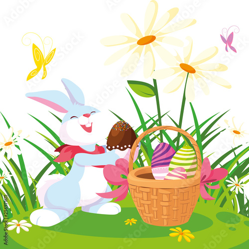 cute rabbit easter with eggs painted in basket