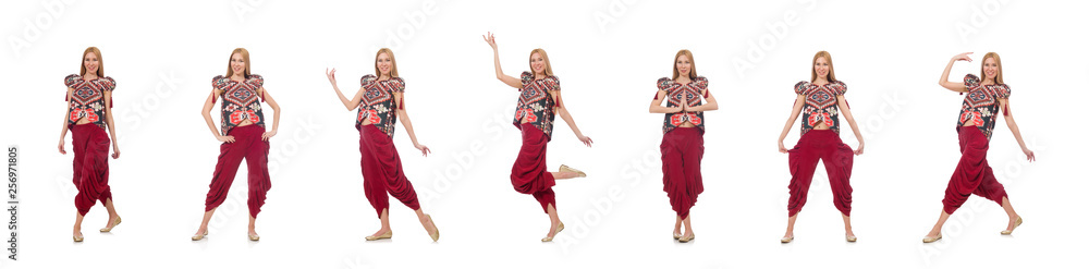 Woman in Azerbaijani ornament clothing isolated on white Woman in Azerbaijani ornament clothing isolated on white