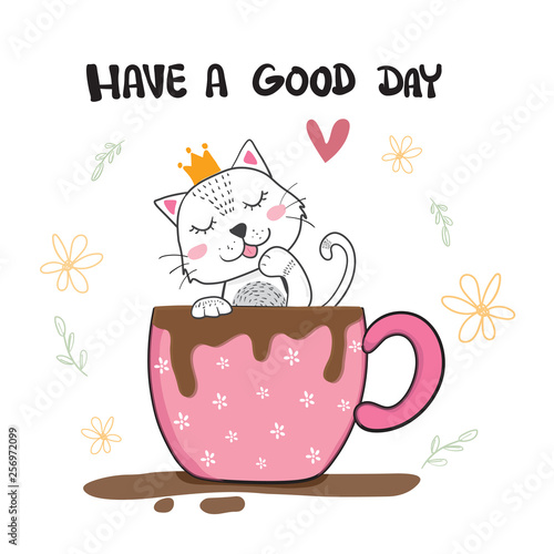 cute cat licking hand in cup of coffee, hand drawn