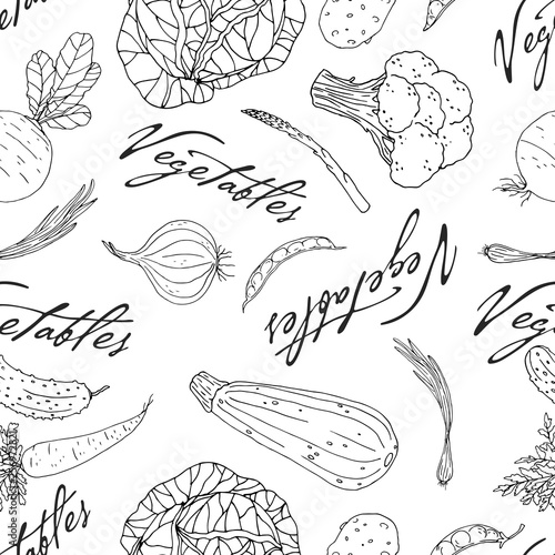Seamless vector monochrome pattern of elements with hand drawn color vegetables on a white background.