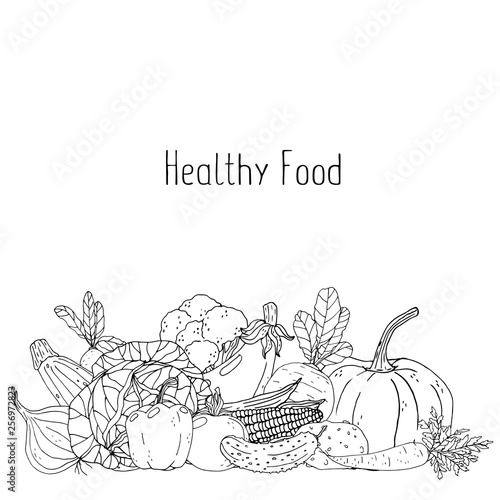Poster with hand drawn vegetables on a white background. Healthy food.
