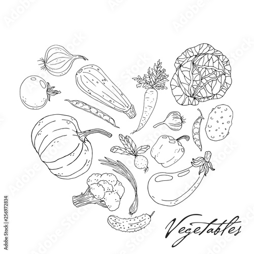Poster with heart made with hand drawn vegetables on a white background.