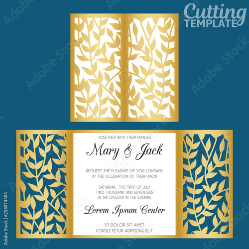 Laser cut wedding invitation card template vector. Die cut paper card with leaves pattern. Cutout paper gate fold card for laser cutting or die cutting template.
