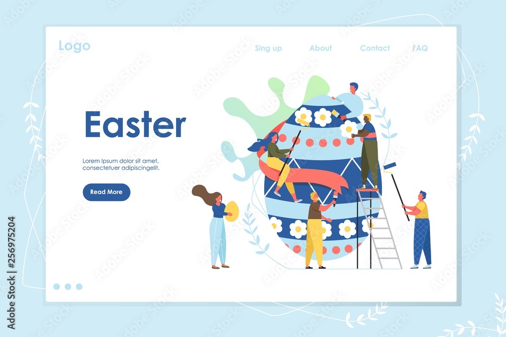 Easter landing page web site template with cartoon characters. Happy family paint easter egg. Vector illustration. Holiday celebration