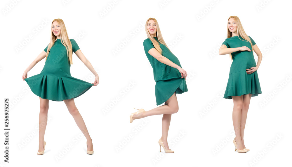 Beautiful pregnant woman in green dress isolated on white Beautiful pregnant woman in green dress isolated on white