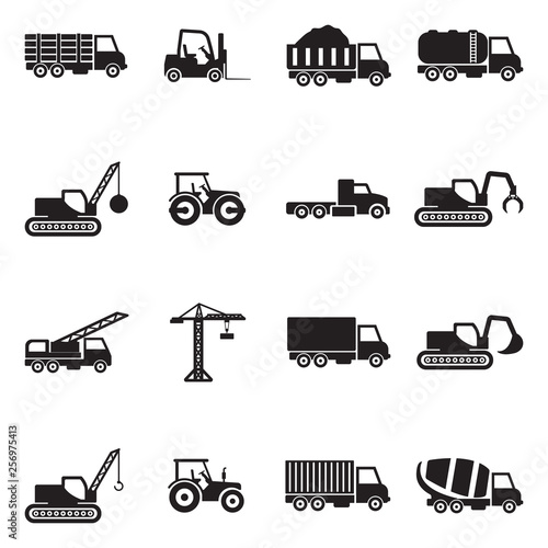 Construction Transport Icons. Black Flat Design. Vector Illustration.
