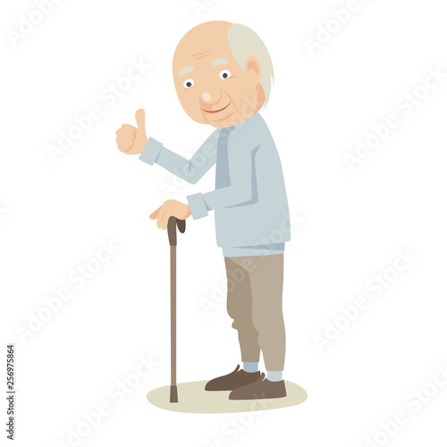 Grandfather with a cane. Elderly men shows an approving gesture, vector illustration.	