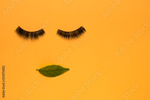Flat lay of eyelashes and leaf
