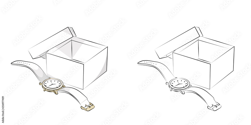 Illustration of white women's watch and box for watches isolated on white background. The contour of the watch.