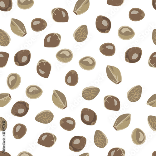 Cannabis seeds seamless pattern on a white background. Vector illustration of hemp in cartoon simple flat style.
