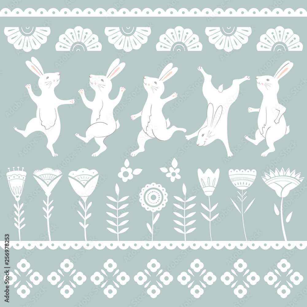 Obraz Kolekcja znaków wielkanocnych białych króliczek z różnych pozach. Szczęśliwe króliki biegające i tańczące. Kwiaty ludowe sylwetki meksykańskie, polskie, rosyjskie, skandynawskie