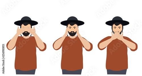 Man covering eyes, ears and mouth with hands as looking like the three wise monkeys. Don't see, don't hear and don't speak concept illustration in vector cartoon style.