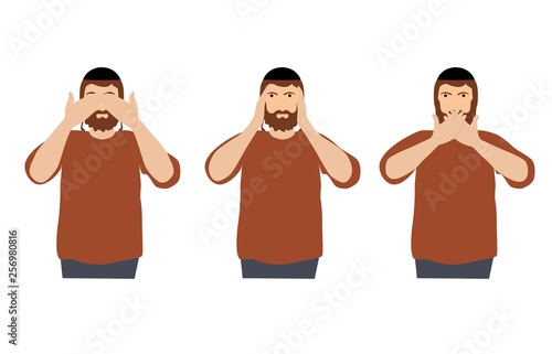 Man covering eyes, ears and mouth with hands as looking like the three wise monkeys. Don't see, don't hear and don't speak concept illustration in vector cartoon style.