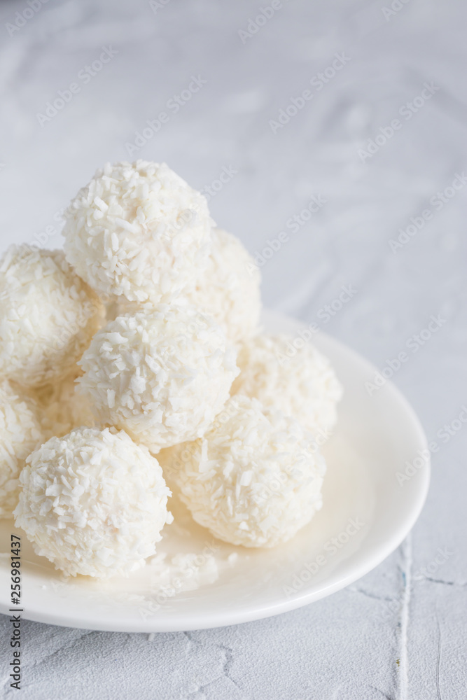 Round, white candies in coconut flakes